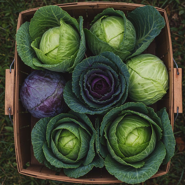 Collection of different winter cabbage varieties arranged in a wooden harvest basket