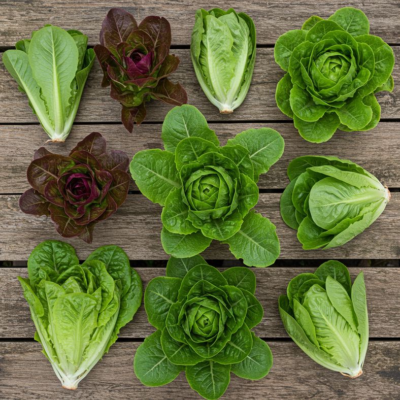 Collection of different winter lettuce varieties showing leaf shapes and colors