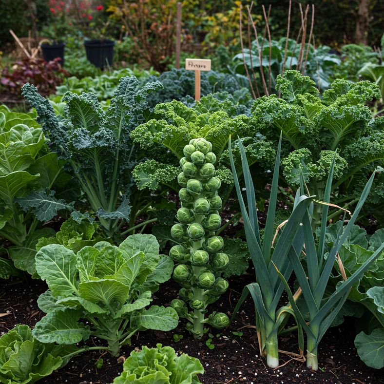Collection of hardy winter vegetables including kale, Brussels sprouts, and leeks growing in UK garden