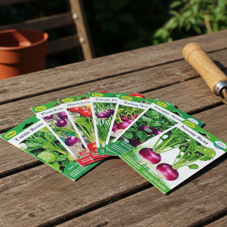 Collection of turnip seed packets spread on garden table with varieties labeled for July sowing