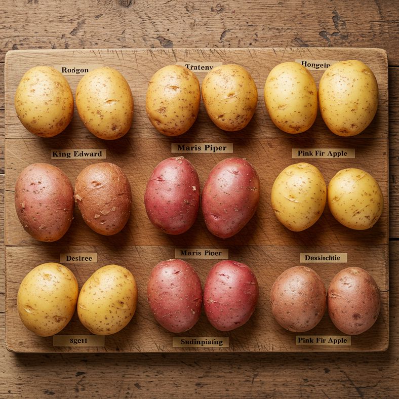 Comparison display of different UK maincrop potato varieties arranged for storage selection