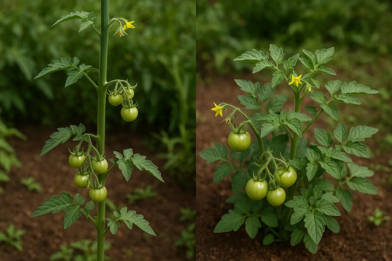 Comparison of cordon and bush tomato plants showing their different growth habits