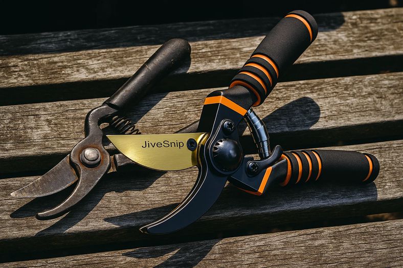 Comparison shot showing JiveSnip secateurs next to standard pruning shears highlighting superior build quality