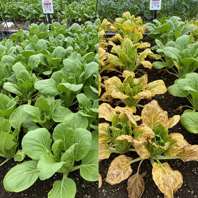Comparison showing healthy and stressed pak choi plants side by side in summer conditions