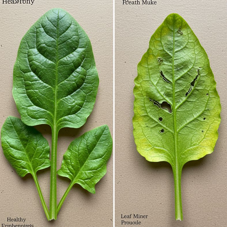 Comparison showing healthy perpetual spinach leaves alongside leaves showing common problems like aphid damage and leaf miner tunnels