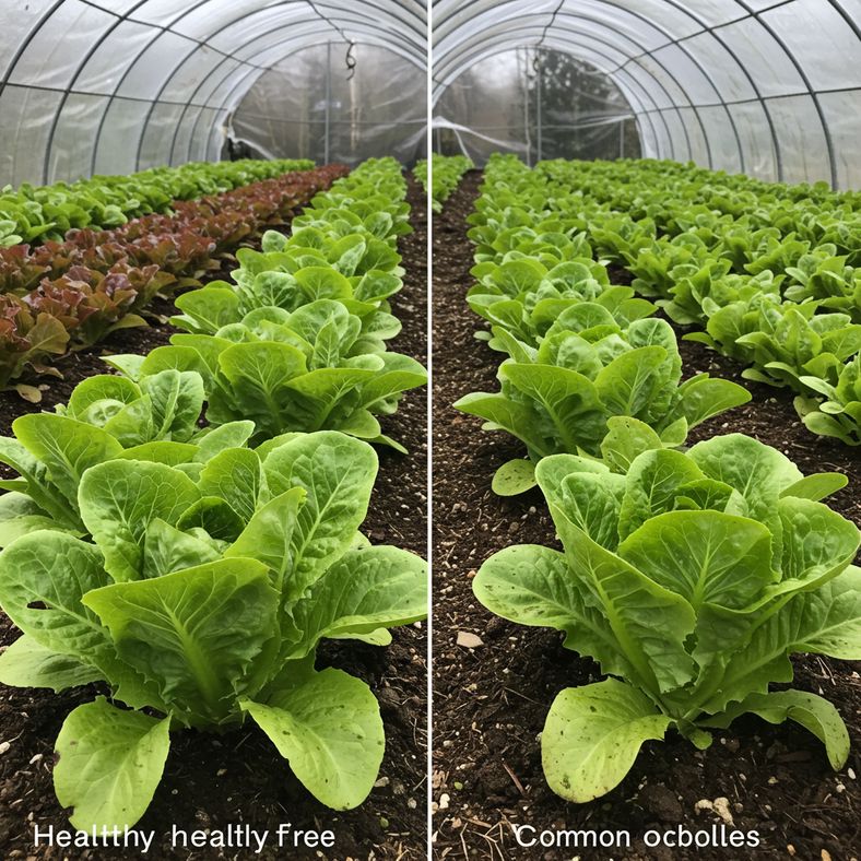 Comparison showing healthy winter lettuce versus plants affected by common problems