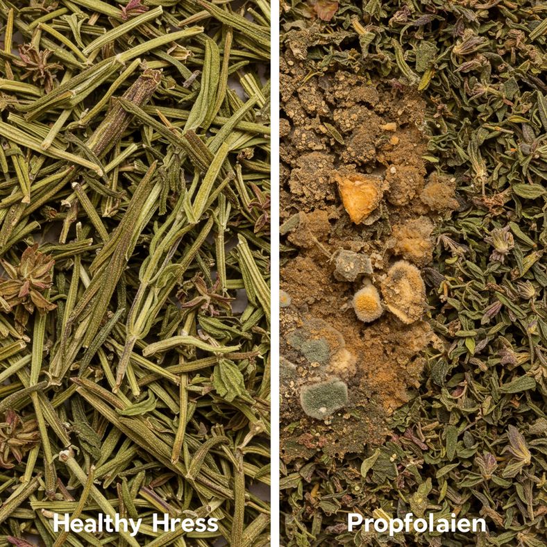 Comparison showing properly preserved herbs alongside examples of common storage problems like mould and colour loss