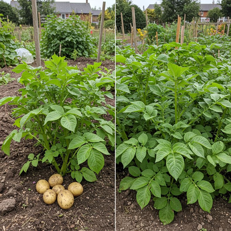 Comparison showing spring planted potatoes alongside June planted potatoes in a UK allotment