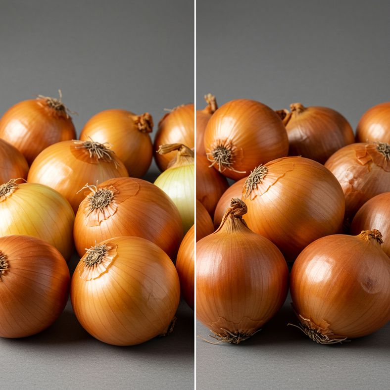 Comparison showing well-cured vs poorly-cured onions demonstrating proper watering timing effects