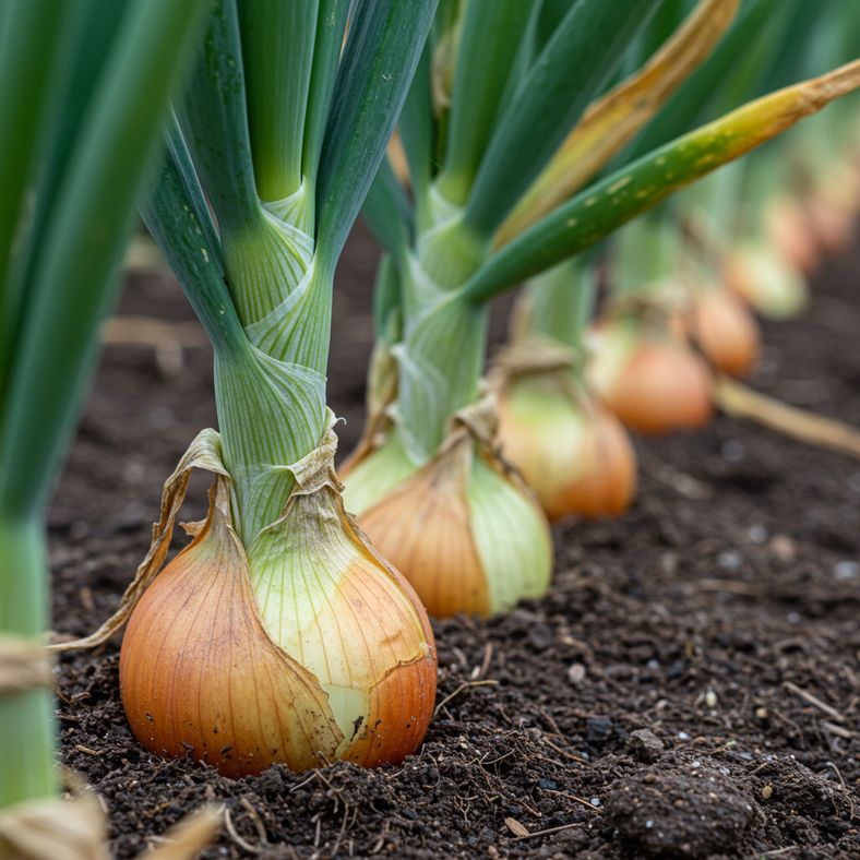 Detailed view showing onion maturity signs including yellowing foliage and neck softening