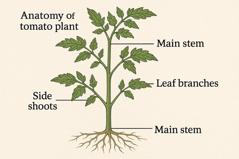 Diagram showing tomato side shoots growing between main stem and leaf branches