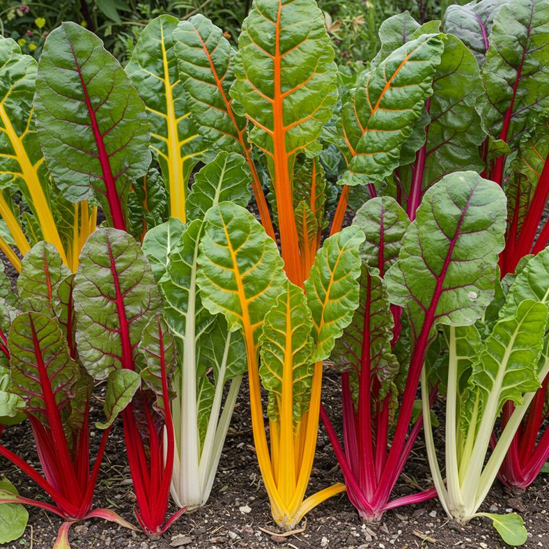 Different Swiss chard varieties showing rainbow colored stems in garden