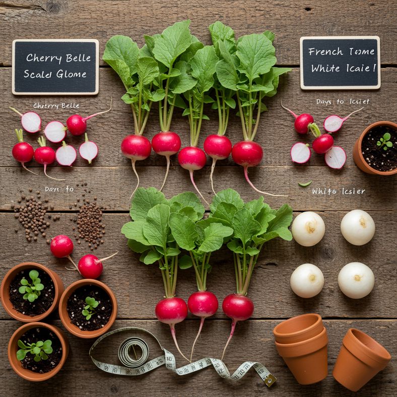 Different fast-growing radish varieties arranged by maturity speed for July planting