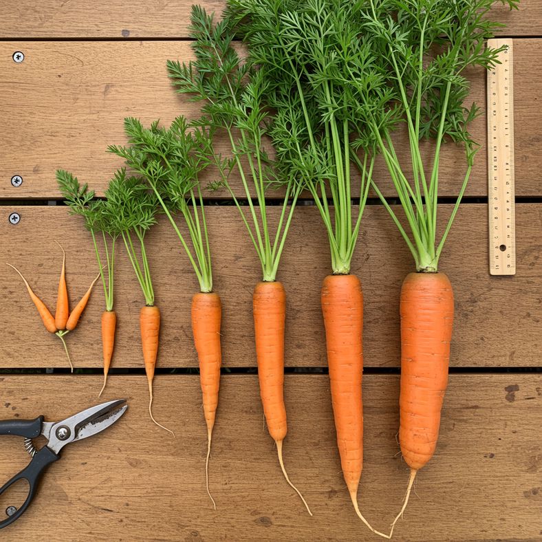 Different sized carrots showing maturity stages from baby to full grown laid out on wooden surface