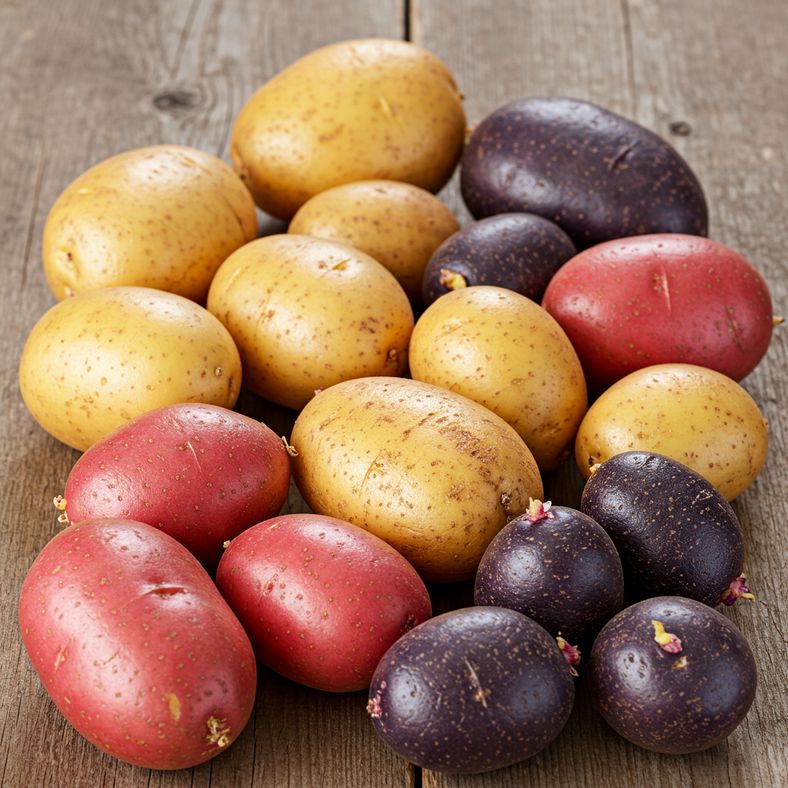 Different varieties of seed potatoes arranged on a wooden surface showing various sizes and colors