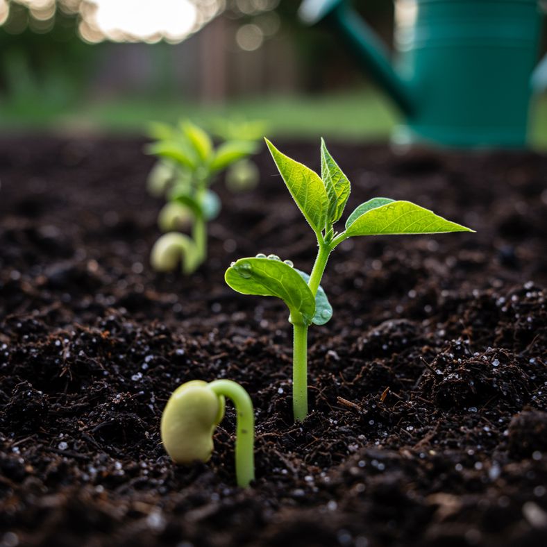 Dwarf French bean seedlings emerging in July soil