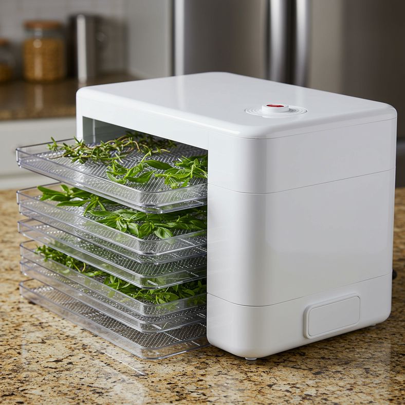Electric food dehydrator with multiple trays of herbs in various stages of drying on a UK kitchen counter