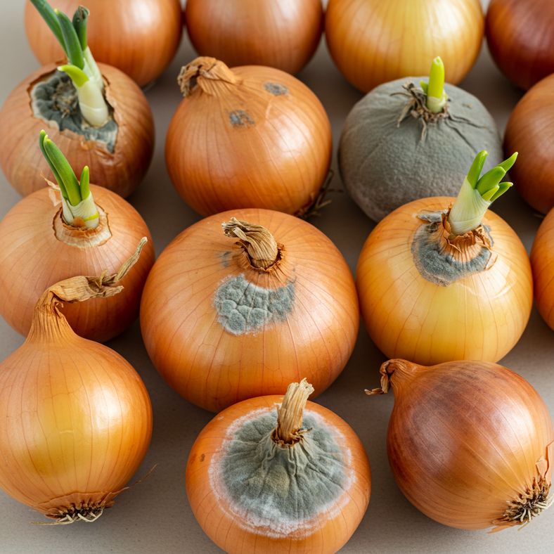 Examples of common onion storage problems showing sprouting, soft spots, and mold development for identification