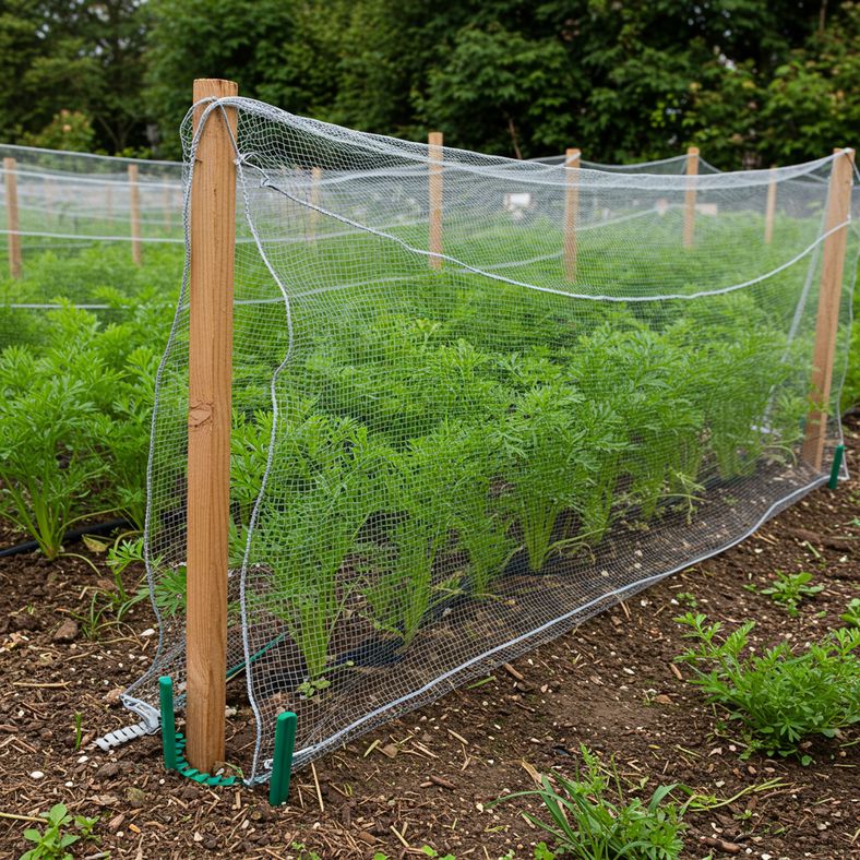 Fine mesh protection covering carrot seedlings with secure ground anchoring