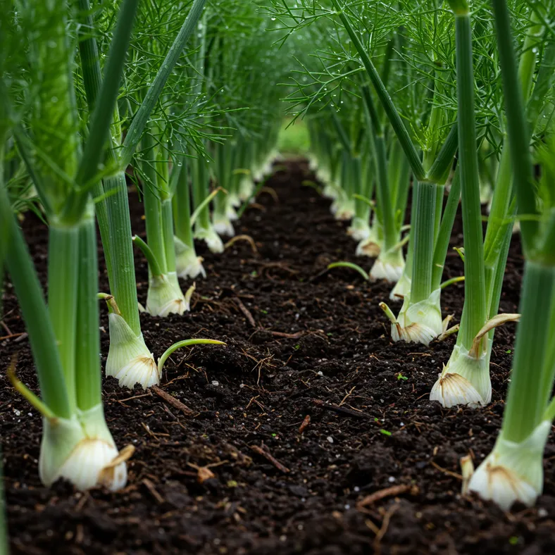 Florence fennel bulbs growing in UK garden soil during summer