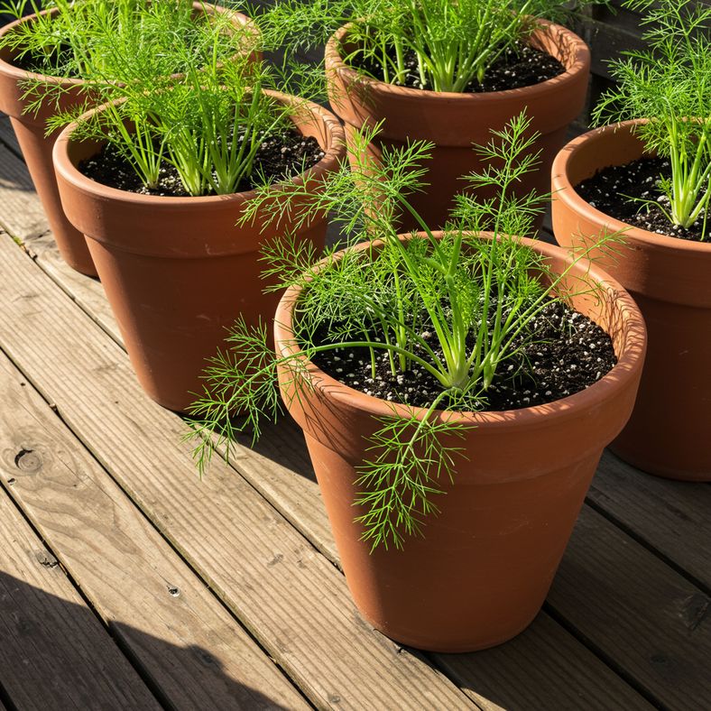 Florence fennel seedlings growing in large terracotta containers