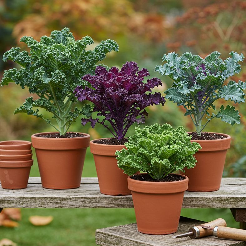 Four different winter kale varieties showing leaf texture and colour differences