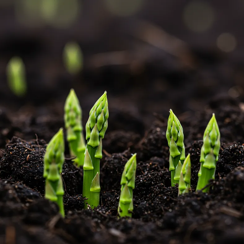 Fresh asparagus spears emerging from soil in a home garden