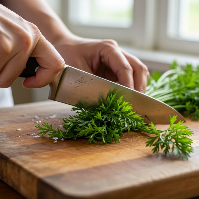 Fresh carrot greens being chopped and prepared for cooking