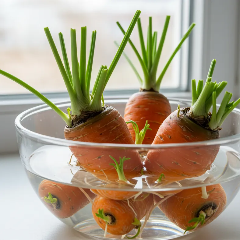 Fresh carrot tops growing in a bowl of water on a sunny windowsill