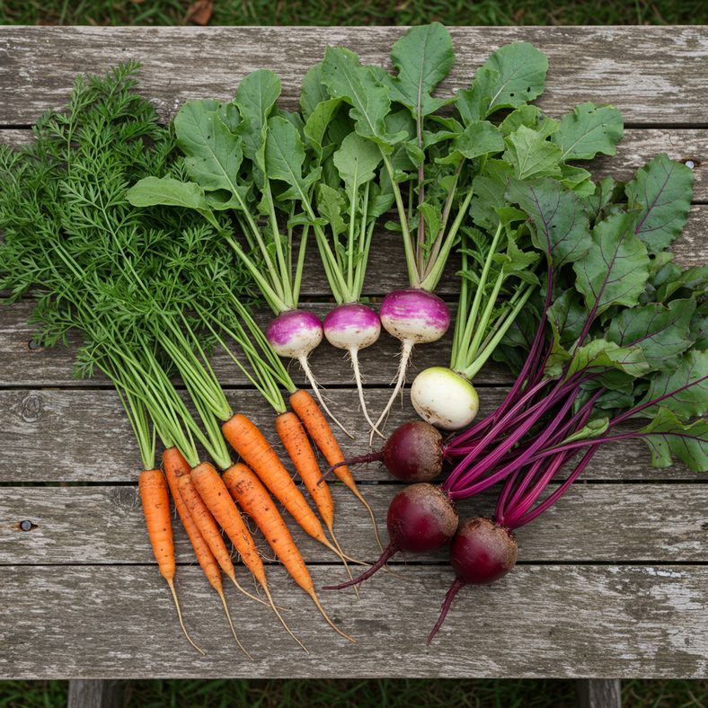 Fresh harvested autumn vegetables including carrots, turnips and beetroot laid out on garden table