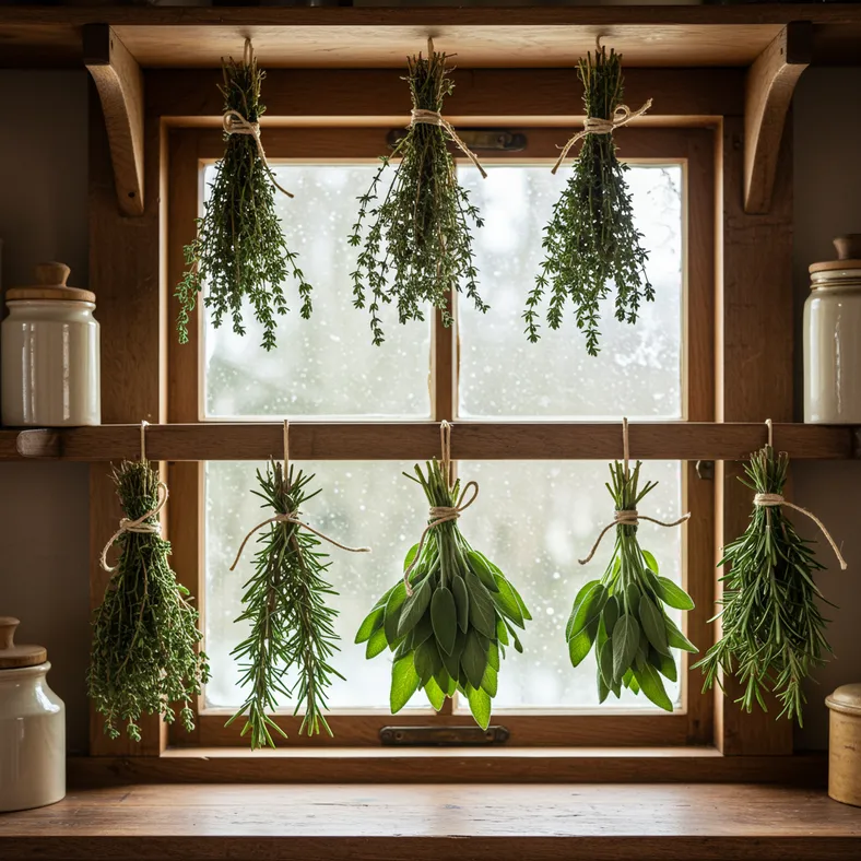Fresh herb bundles hanging to dry in a rustic UK cottage kitchen with winter frost visible through the window