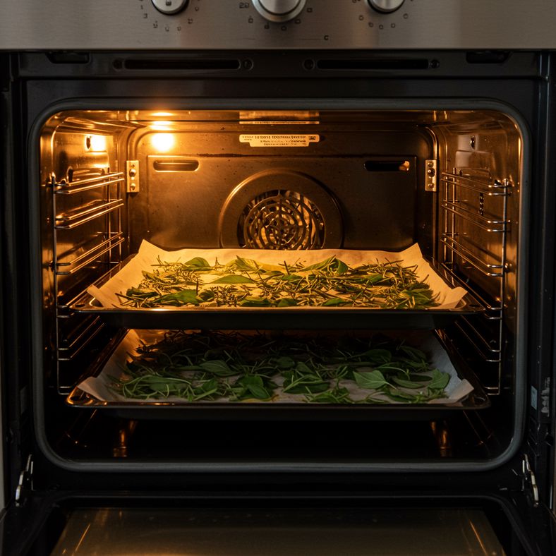 Fresh herb leaves spread on baking trays in a UK kitchen oven with the door slightly open for drying