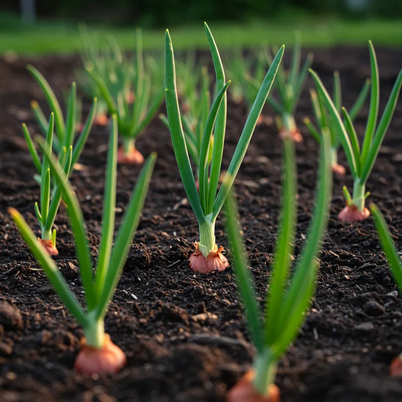 Fresh onions growing in garden bed with green tops emerging from soil
