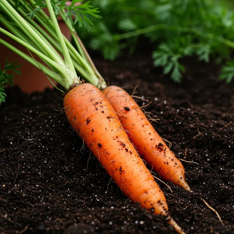 Fresh orange carrots being harvested from UK garden soil with green tops intact