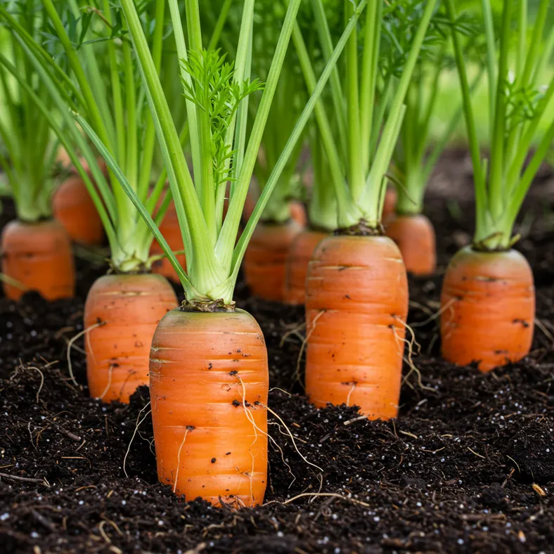 Fresh orange carrots with green tops growing in rich garden soil
