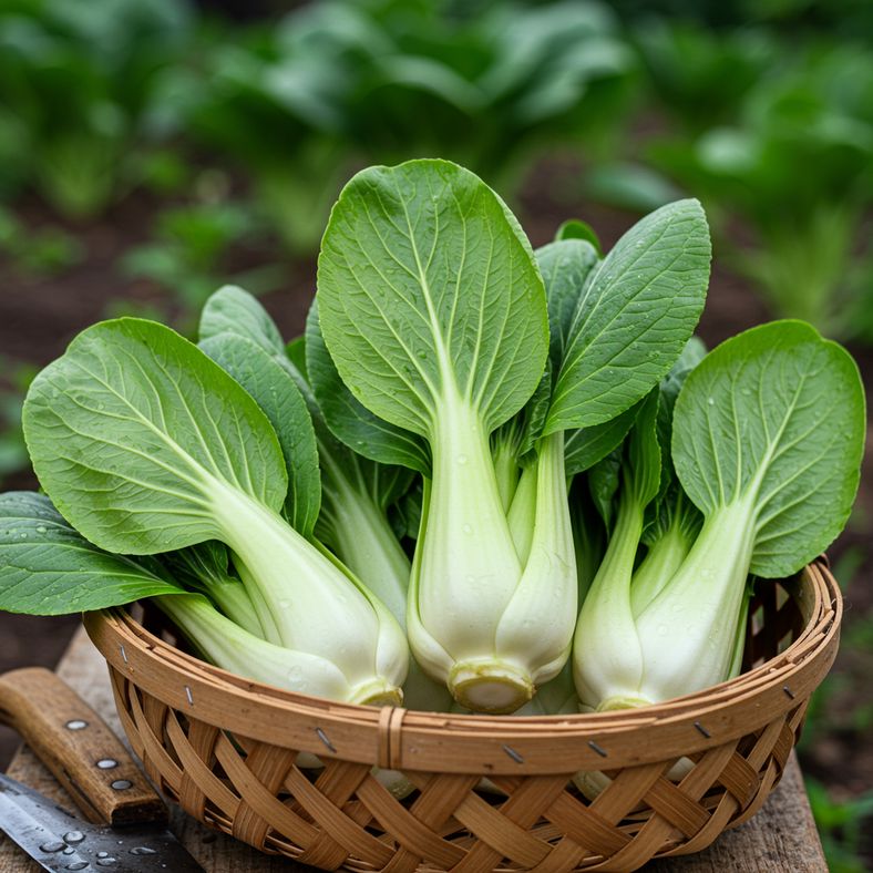 Fresh pak choi harvest in early morning showing perfect July-grown vegetables