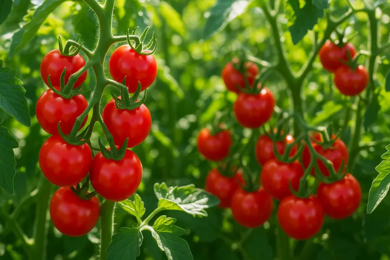 Fresh red cherry tomatoes growing on healthy tomato plants in a sunny garden