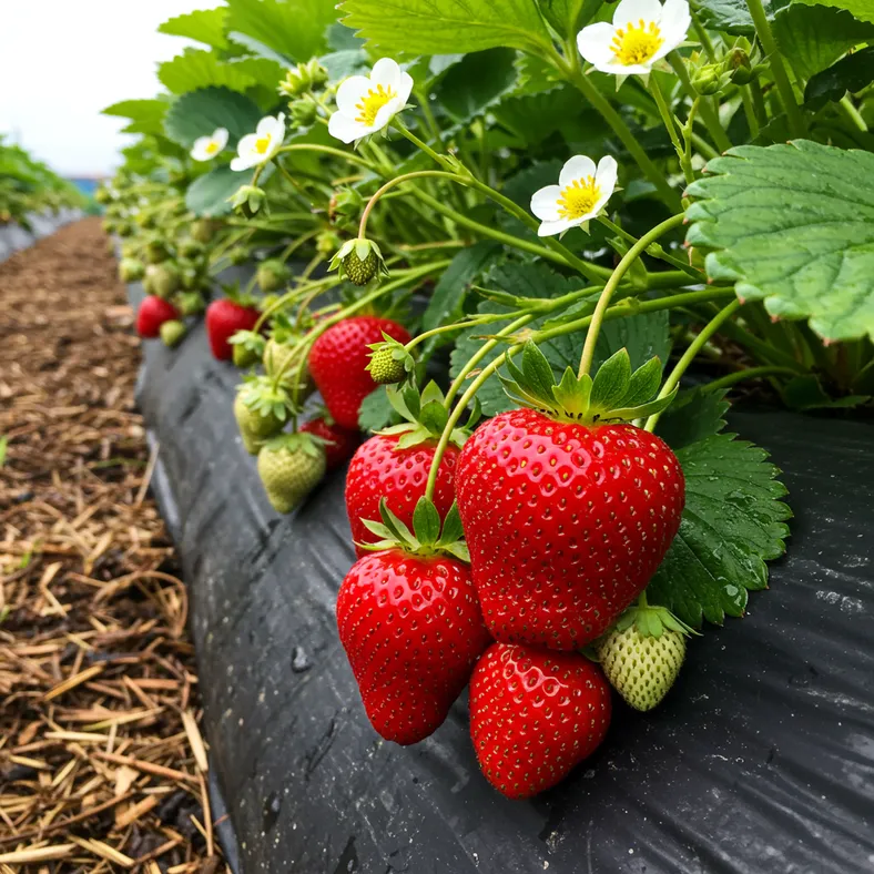 Fresh red strawberries growing on healthy green strawberry plants in a home garden