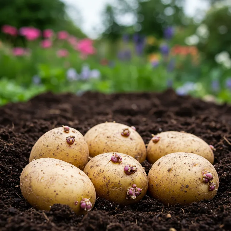 Fresh seed potatoes ready for planting in a UK garden during summer
