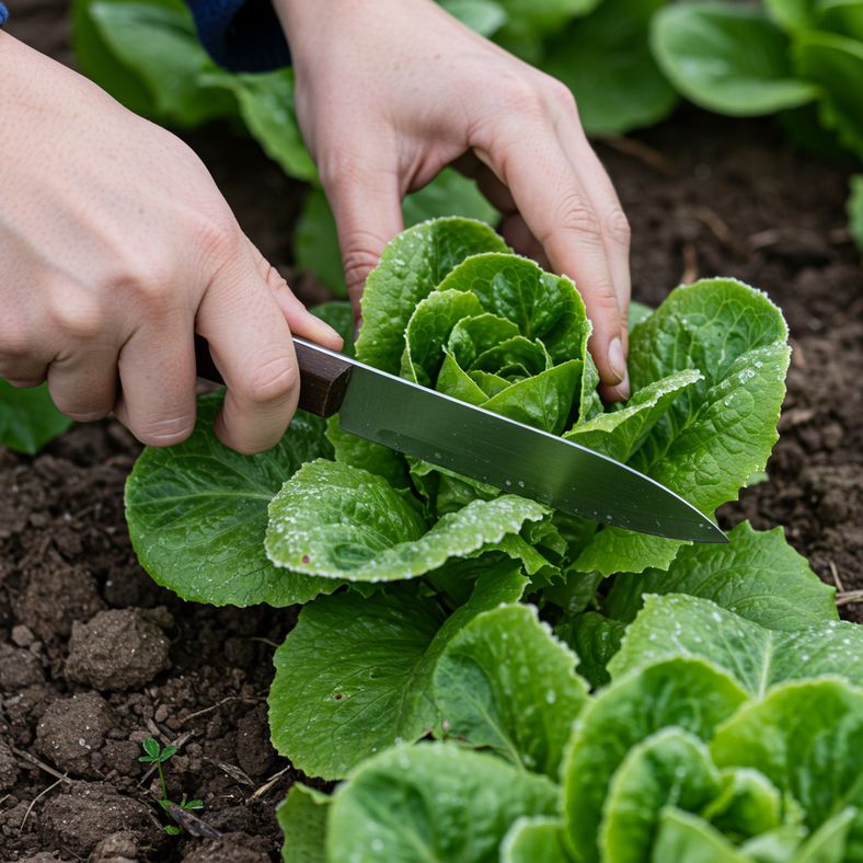 Fresh winter lettuce being harvested with morning frost still visible on leaves