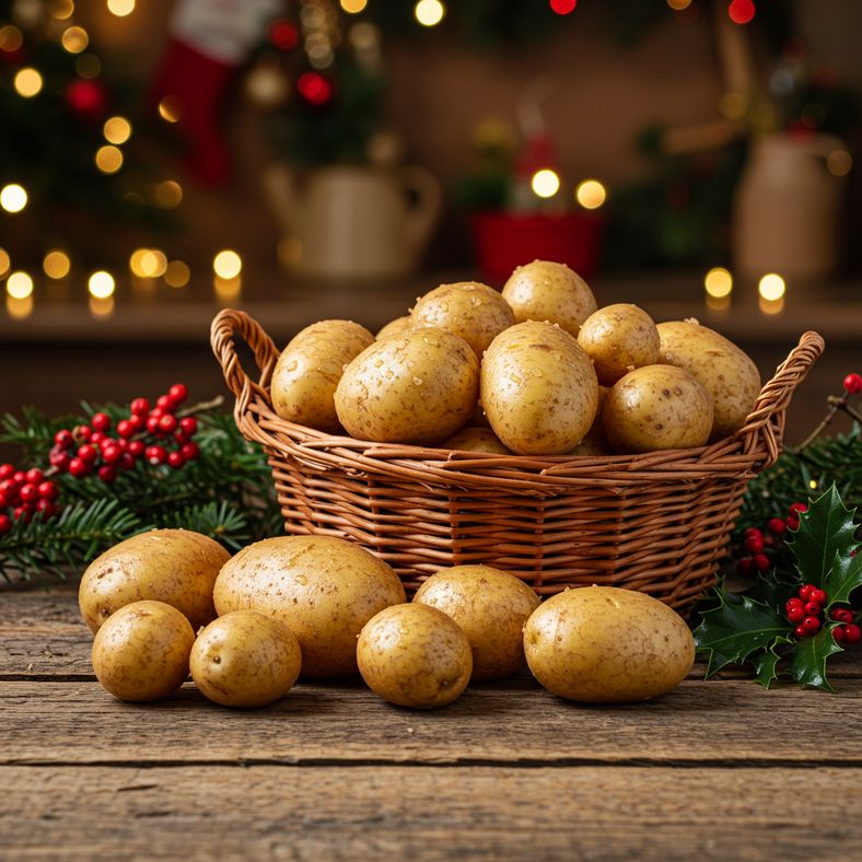 Freshly harvested Christmas potatoes in a basket with festive decorations nearby