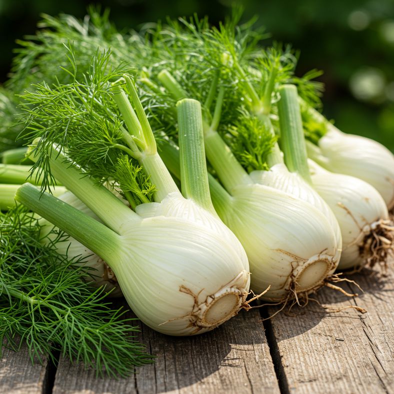 Freshly harvested Florence fennel bulbs with feathery foliage attached