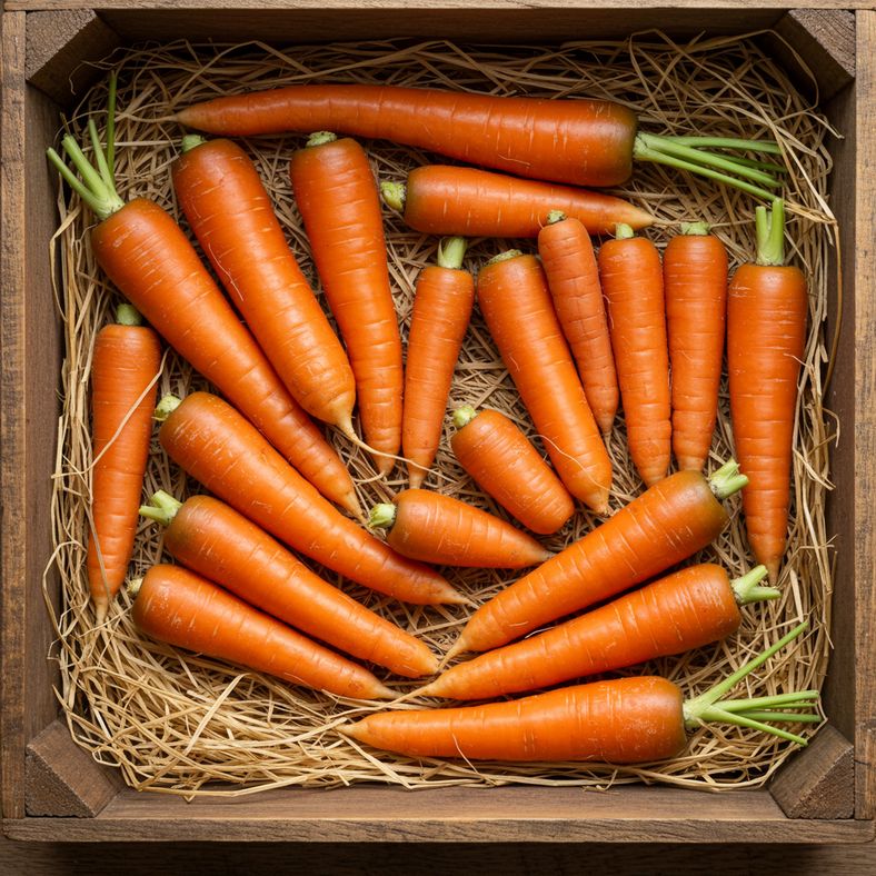 Freshly harvested autumn carrots arranged in wooden storage crate with straw