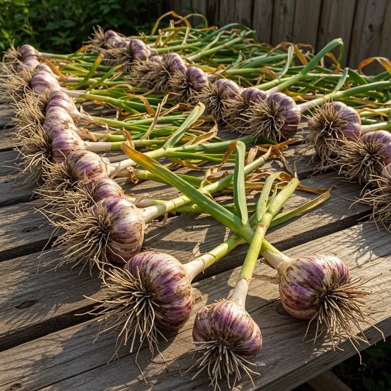 Freshly harvested garlic bulbs with soil and leaves laid out for drying in August UK sunshine