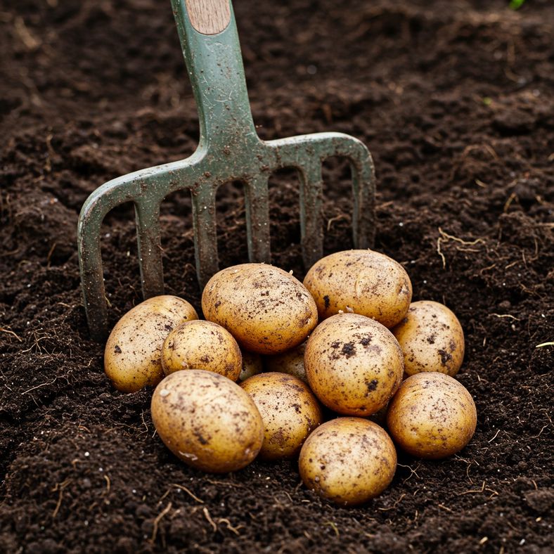 Freshly harvested potatoes being lifted from soil with a garden fork
