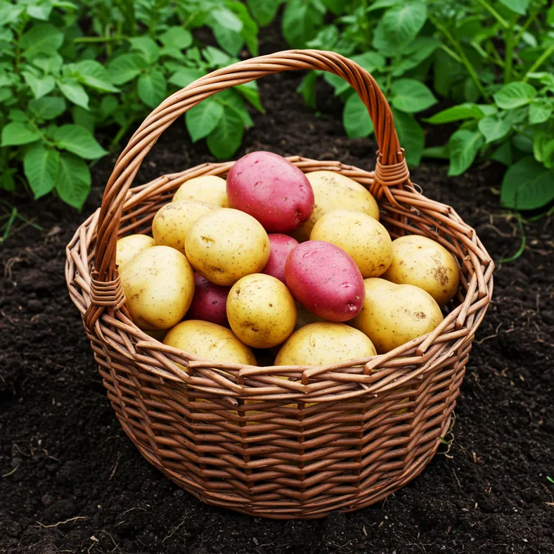 Freshly harvested potatoes of different varieties displayed in a garden basket