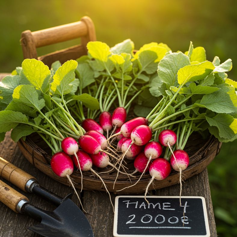 Freshly harvested radishes with soil still on roots showing perfect July harvest timing