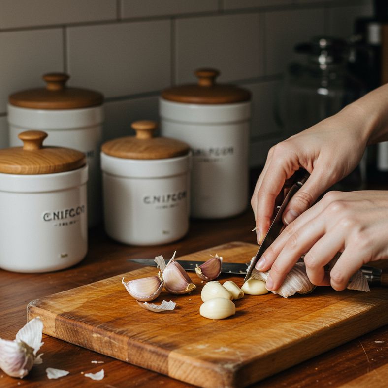 Freshly peeled garlic cloves being prepared for cooking alongside storage containers