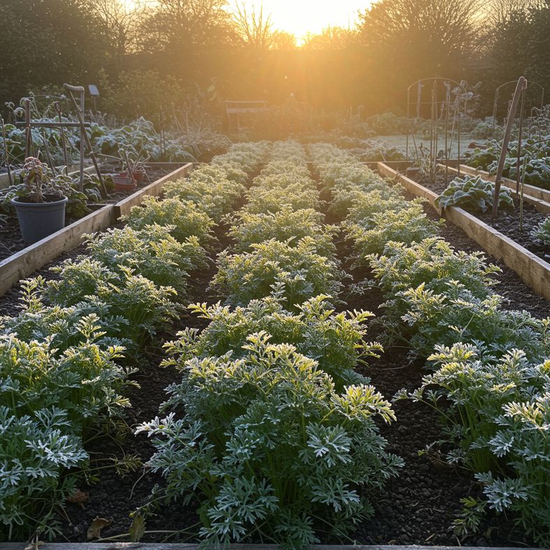 Frost-covered carrot tops in winter garden showing cold-sweetening conditions