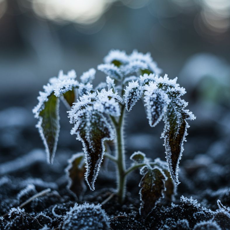 Frost-damaged tomato seedling with blackened leaves